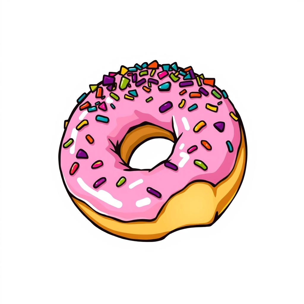 A delicious pink doughnut featuring a wide bite mark, generously topped with an array of colorful sprinkles