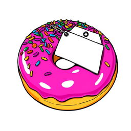 A vibrant pink doughnut with a wide bite mark, topped with an abundance of colorful sprinkles, featuring a blank price tag attached to it for an artistic touch