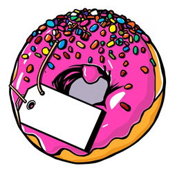 A vibrant pink doughnut with a wide bite mark, topped with an abundance of colorful sprinkles, featuring a blank price tag attached to it for an artistic touch