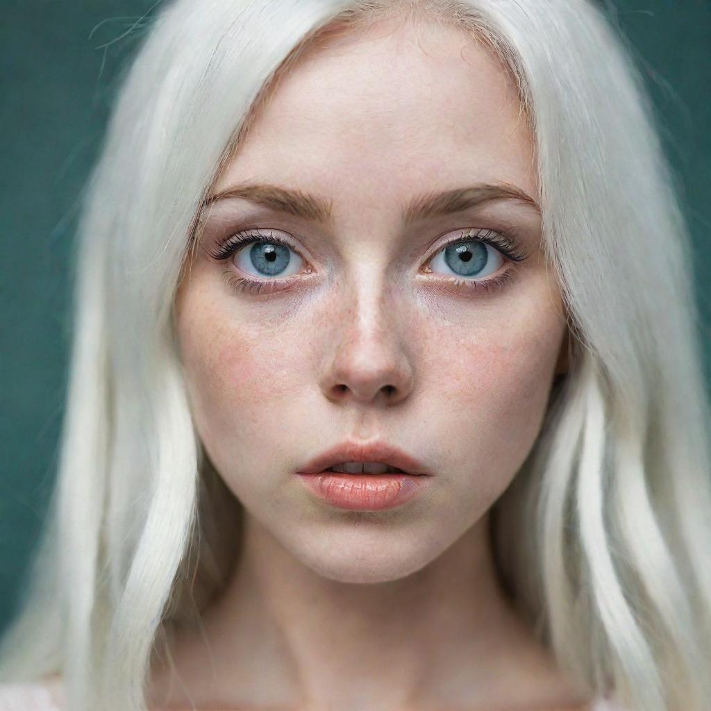 Beautiful girl with big eyes, juicy lips, freckles, white hair, and pale skin.