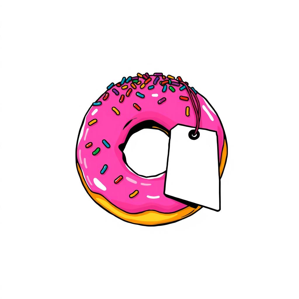 A vibrant pink doughnut with a wide bite mark, topped with an abundance of colorful sprinkles, featuring a blank price tag attached to it for an artistic touch