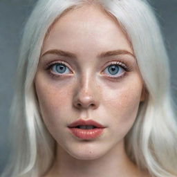 Beautiful girl with big eyes, juicy lips, freckles, white hair, and pale skin.