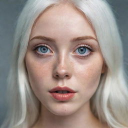 Beautiful girl with big eyes, juicy lips, freckles, white hair, and pale skin.