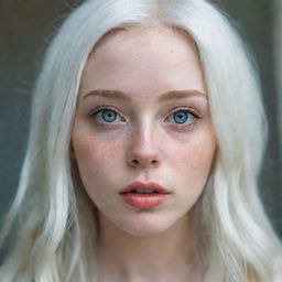 Beautiful girl with big eyes, juicy lips, freckles, white hair, and pale skin.