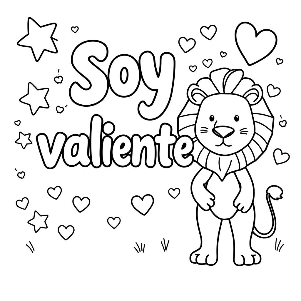 A simple, kid-friendly coloring page featuring the phrase 'Soy valiente' prominently in the center with large, bold letters