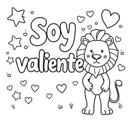 A simple, kid-friendly coloring page featuring the phrase 'Soy valiente' prominently in the center with large, bold letters