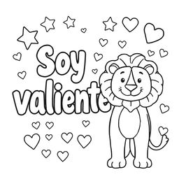 A simple, kid-friendly coloring page featuring the phrase 'Soy valiente' prominently in the center with large, bold letters