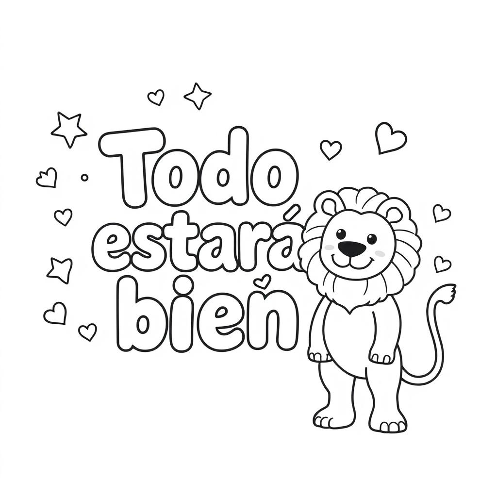 A simple, kid-friendly coloring page featuring the phrase 'Todo estará bien' prominently in the center with large, bold letters