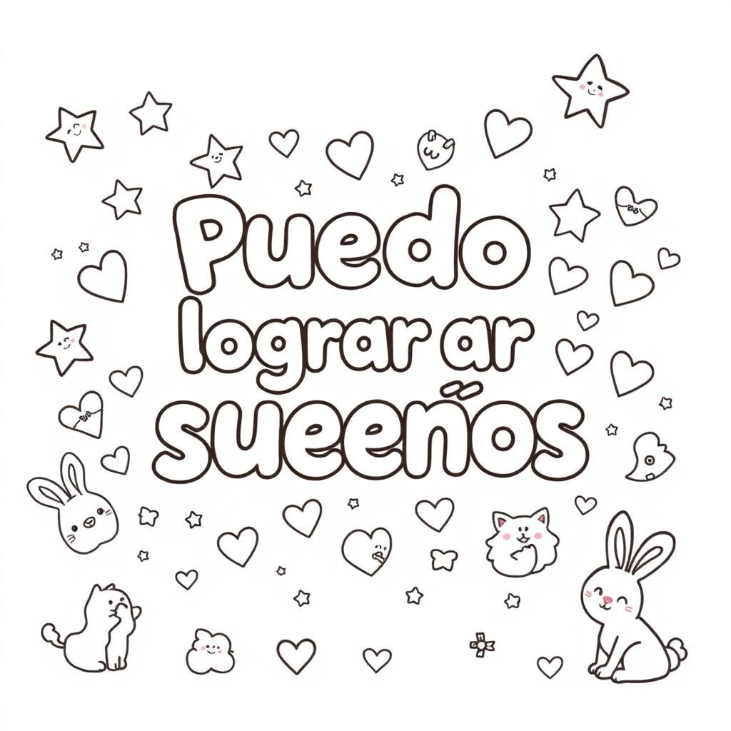 A simple, kid-friendly coloring page featuring the phrase 'Puedo lograr mis sueños' prominently in the center with large, fun letters