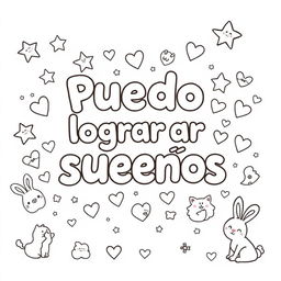 A simple, kid-friendly coloring page featuring the phrase 'Puedo lograr mis sueños' prominently in the center with large, fun letters