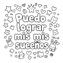 A simple, kid-friendly coloring page featuring the phrase 'Puedo lograr mis sueños' prominently in the center with large, fun letters