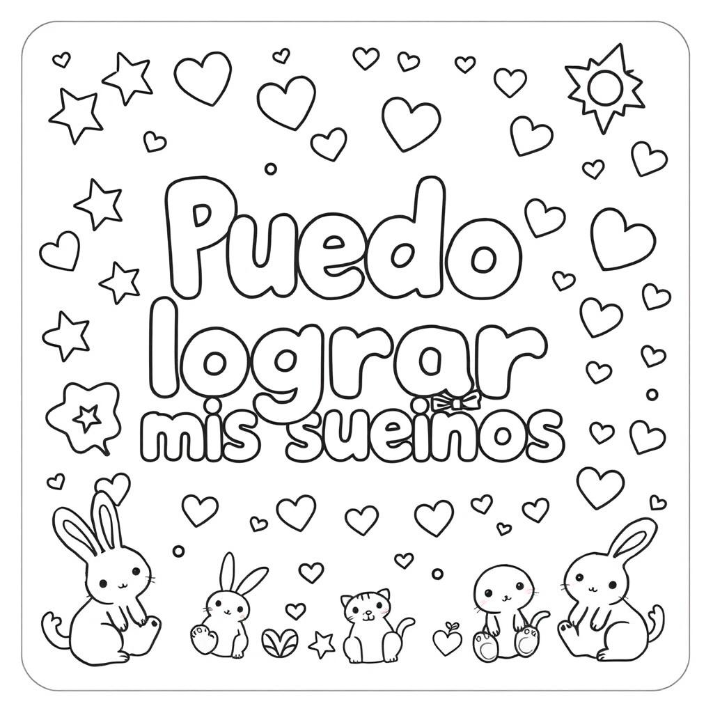 A simple, kid-friendly coloring page featuring the phrase 'Puedo lograr mis sueños' prominently in the center with large, fun letters