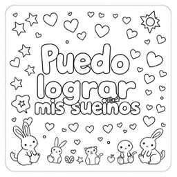 A simple, kid-friendly coloring page featuring the phrase 'Puedo lograr mis sueños' prominently in the center with large, fun letters