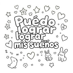 A simple, kid-friendly coloring page featuring the phrase 'Puedo lograr mis sueños' prominently in the center with large, fun letters