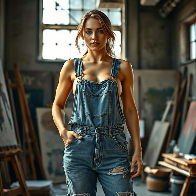 A photorealistic scene in a painter's studio featuring a toned, muscular woman wearing oversized, baggy overalls with one strap hanging down