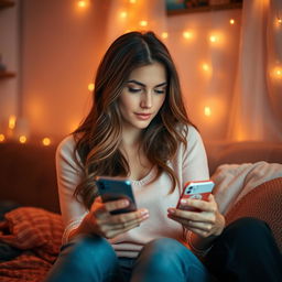 A romantic scene featuring a beautiful woman sitting in a cozy, softly lit room, intently looking at her iPhone