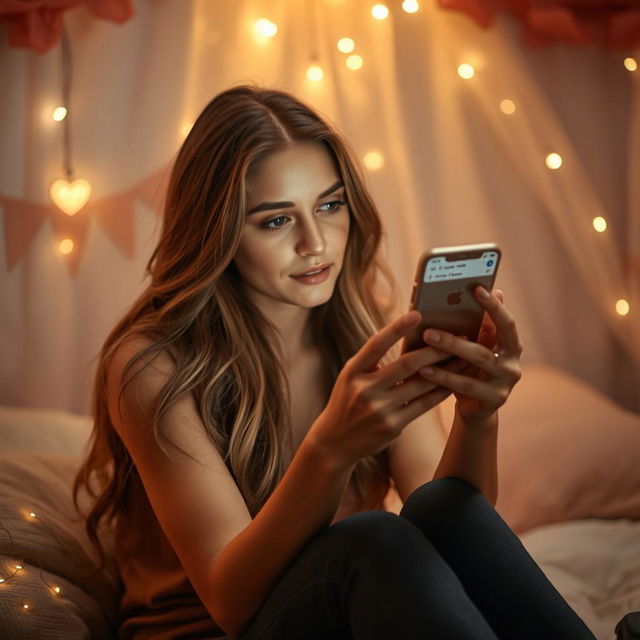 A romantic scene featuring a beautiful woman sitting in a cozy, softly lit room, intently looking at her iPhone