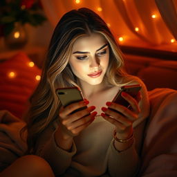 A romantic scene featuring a beautiful woman sitting in a cozy, softly lit room, intently looking at her iPhone