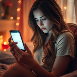 A romantic scene featuring a beautiful woman sitting in a cozy, softly lit room, intently looking at her iPhone