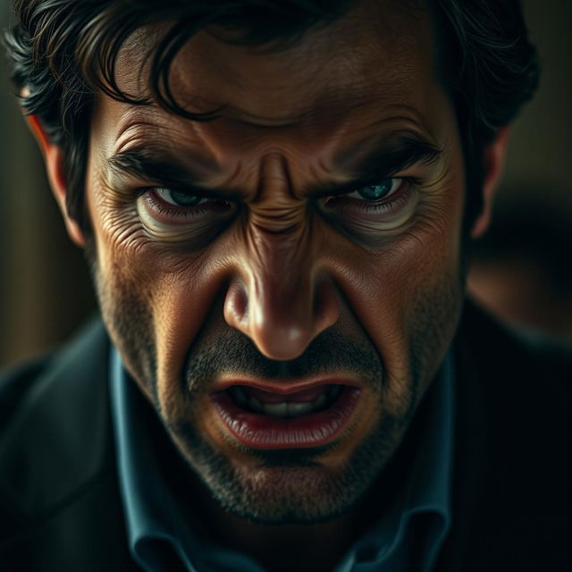 An extreme close-up depicting a tense moment in a dramatic scene featuring a man who embodies intensity and conflict