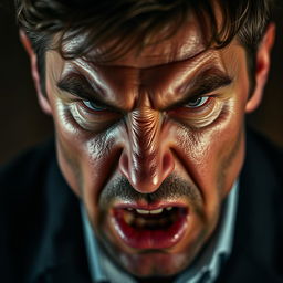 An extreme close-up depicting a tense moment in a dramatic scene featuring a man who embodies intensity and conflict