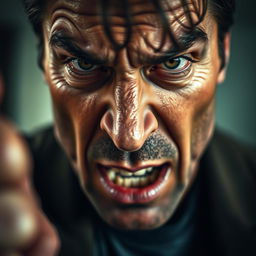 An extreme close-up depicting a tense moment in a dramatic scene featuring a man who embodies intensity and conflict