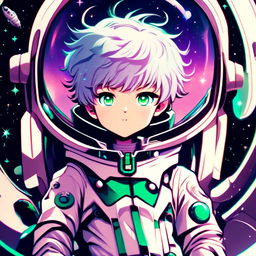 Anime boy astronaut with cobalt blue hair and emerald green eyes in a silver retro-futuristic spacesuit against a backdrop of outer space with a nebula and distant planet.