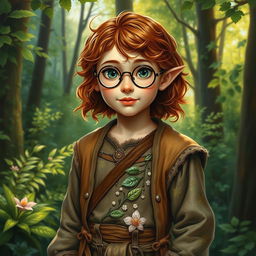 A druid halfling with wavy chestnut hair and round glasses, dressed in intricate medieval clothing adorned with natural motifs like leaves and vines