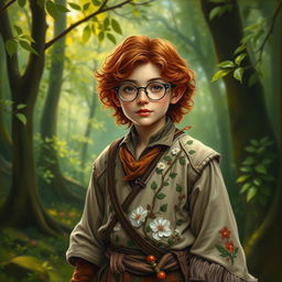 A druid halfling with wavy chestnut hair and round glasses, dressed in intricate medieval clothing adorned with natural motifs like leaves and vines