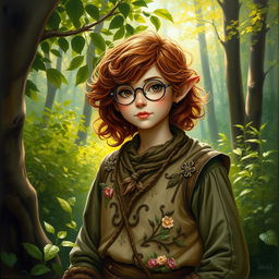 A druid halfling with wavy chestnut hair and round glasses, dressed in intricate medieval clothing adorned with natural motifs like leaves and vines