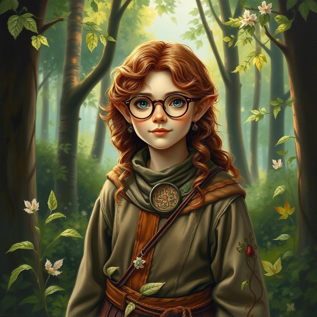 A druid halfling with wavy chestnut hair and round glasses, dressed in intricate medieval clothing adorned with natural motifs like leaves and vines