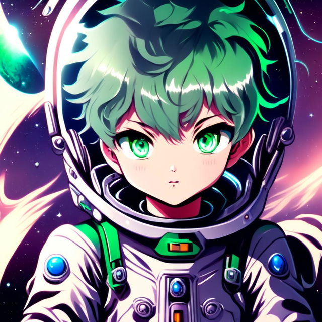 Anime boy astronaut with cobalt blue hair and emerald green eyes in a silver retro-futuristic spacesuit against a backdrop of outer space with a nebula and distant planet.