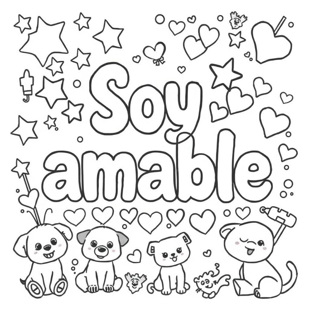 A simple, kid-friendly coloring page featuring the phrase 'Soy amable' prominently in the center with large, fun letters