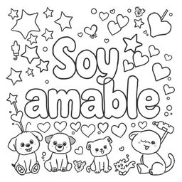 A simple, kid-friendly coloring page featuring the phrase 'Soy amable' prominently in the center with large, fun letters