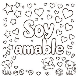 A simple, kid-friendly coloring page featuring the phrase 'Soy amable' prominently in the center with large, fun letters