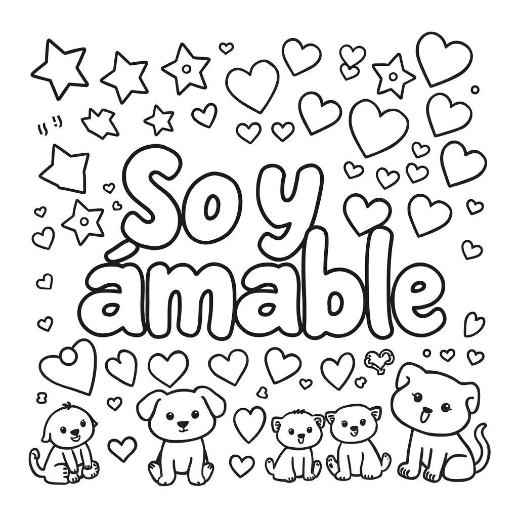 A simple, kid-friendly coloring page featuring the phrase 'Soy amable' prominently in the center with large, fun letters