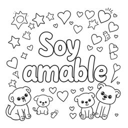 A simple, kid-friendly coloring page featuring the phrase 'Soy amable' prominently in the center with large, fun letters