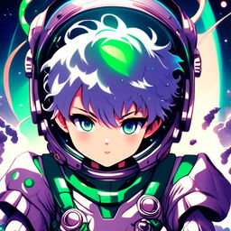 Anime boy astronaut with cobalt blue hair and emerald green eyes in a silver retro-futuristic spacesuit against a backdrop of outer space with a nebula and distant planet.