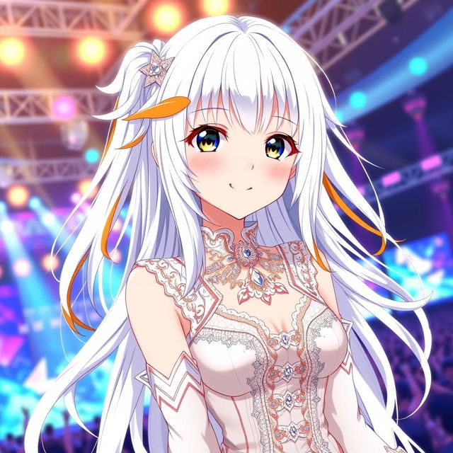 A stunning female character in the anime style of 'Oshi no Ko', featuring long, flowing white hair with stylish bangs