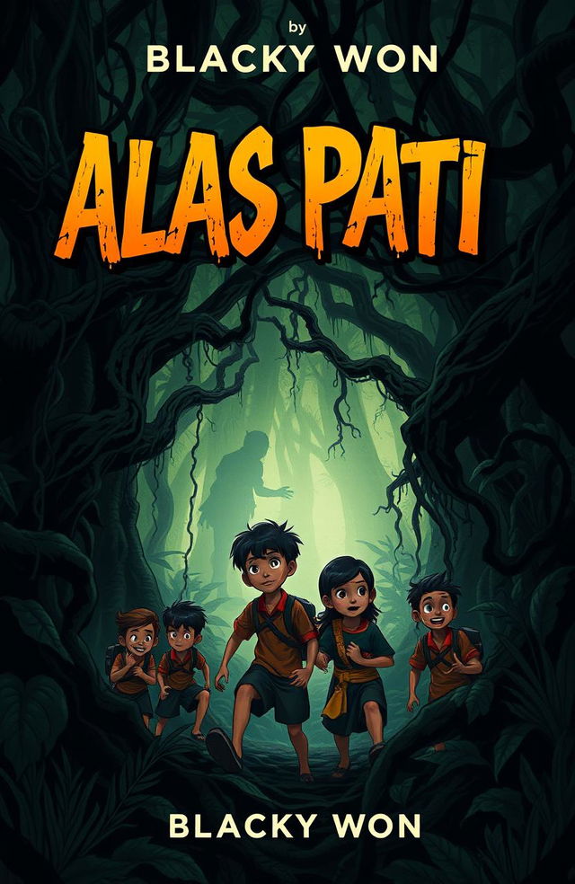 A captivating book cover for 'ALAS PATI' by Blacky Won, set in a dark, mysterious jungle