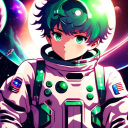 Anime boy astronaut with cobalt blue hair and emerald green eyes in a silver retro-futuristic spacesuit against a backdrop of outer space with a nebula and distant planet.