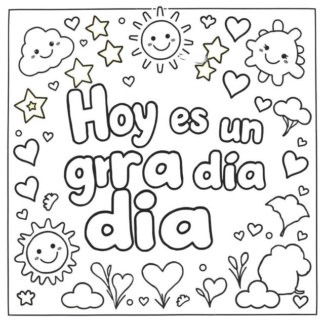 A simple, kid-friendly coloring page featuring the phrase 'Hoy es un gran día' prominently in the center with large, fun letters