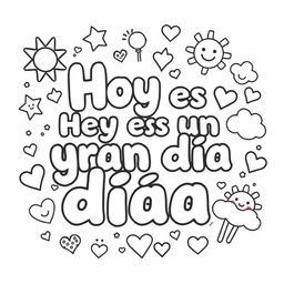 A simple, kid-friendly coloring page featuring the phrase 'Hoy es un gran día' prominently in the center with large, fun letters