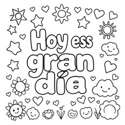 A simple, kid-friendly coloring page featuring the phrase 'Hoy es un gran día' prominently in the center with large, fun letters