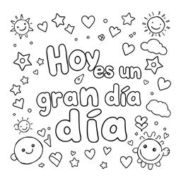 A simple, kid-friendly coloring page featuring the phrase 'Hoy es un gran día' prominently in the center with large, fun letters