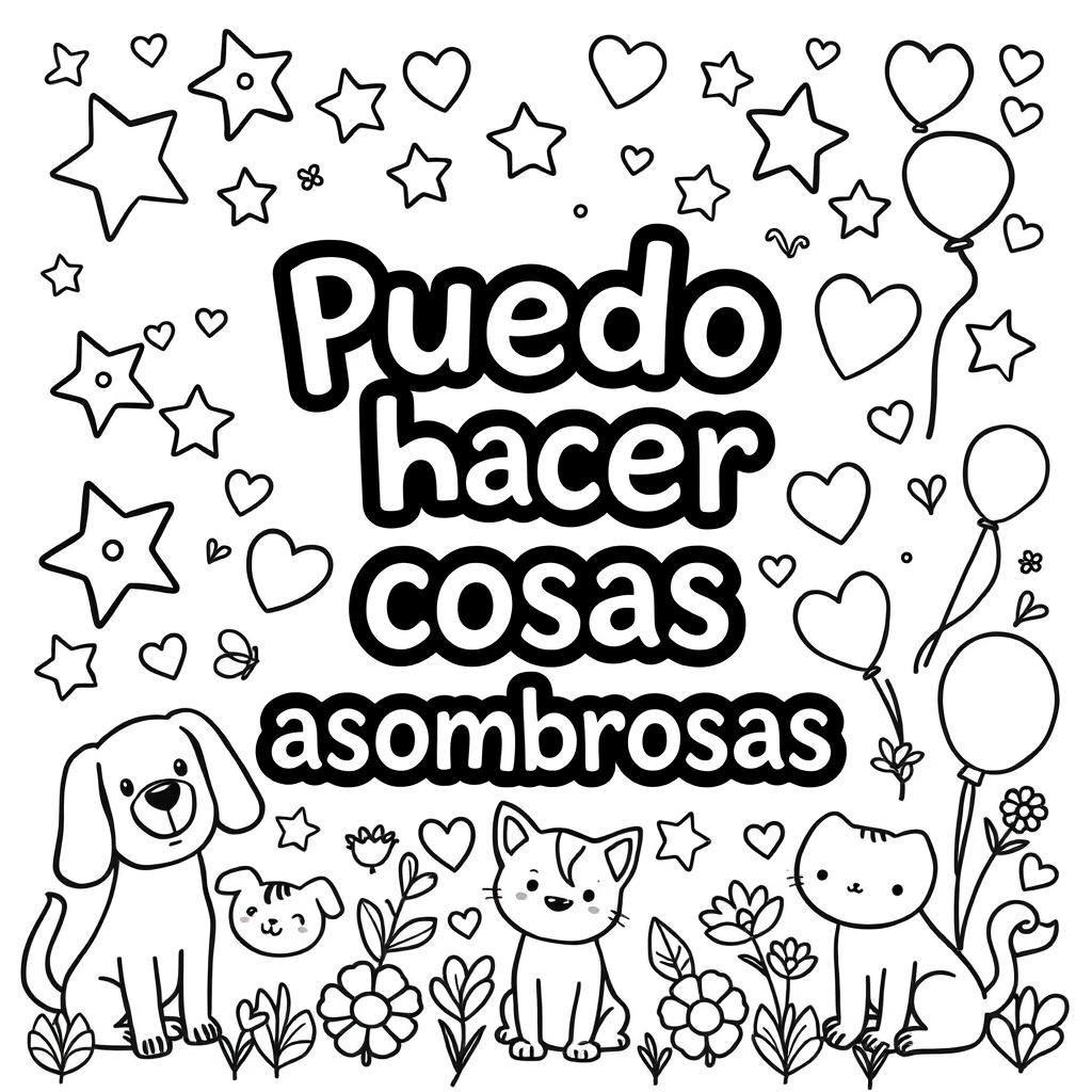 A simple, kid-friendly coloring page featuring the phrase 'Puedo hacer cosas asombrosas' prominently in the center with large, fun letters