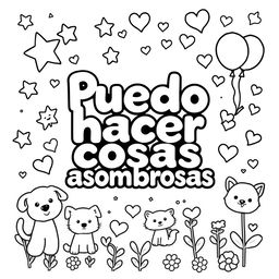 A simple, kid-friendly coloring page featuring the phrase 'Puedo hacer cosas asombrosas' prominently in the center with large, fun letters