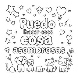 A simple, kid-friendly coloring page featuring the phrase 'Puedo hacer cosas asombrosas' prominently in the center with large, fun letters