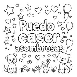 A simple, kid-friendly coloring page featuring the phrase 'Puedo hacer cosas asombrosas' prominently in the center with large, fun letters