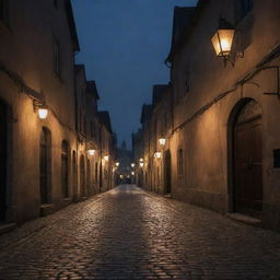 A quaint, eerie town under the shroud of night with dimly lit lanterns casting long shadows on the cobblestone streets